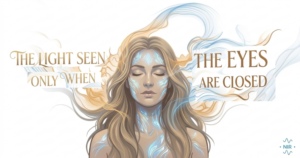 Woman with eyes closed surrounded by flowing light, illustrating LEDON's NIR-embedded Wellness Lighting