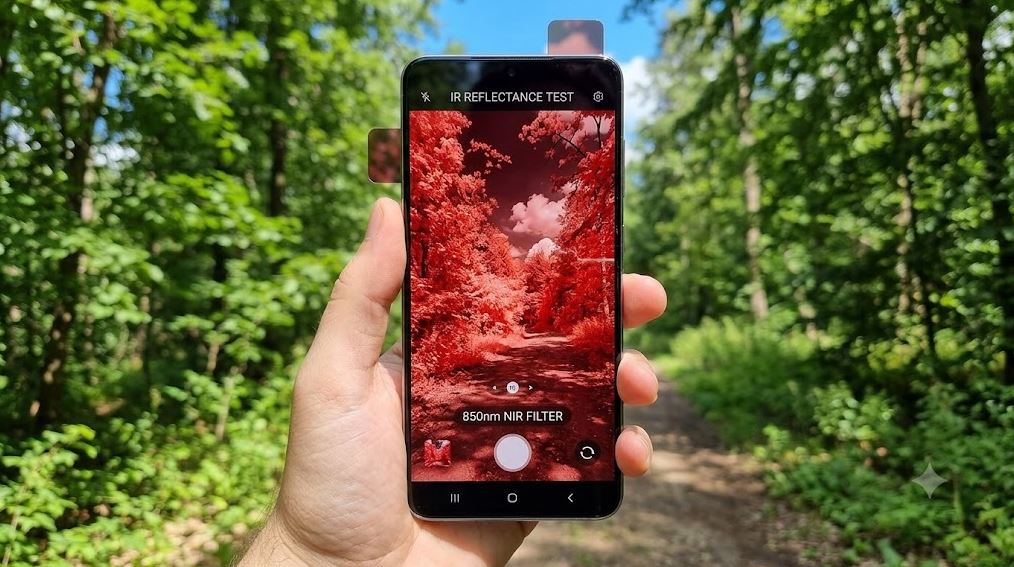 A hand holding a smartphone with a near-infrared filter in a forest, showing the trees glowing red as they reflect NIR light