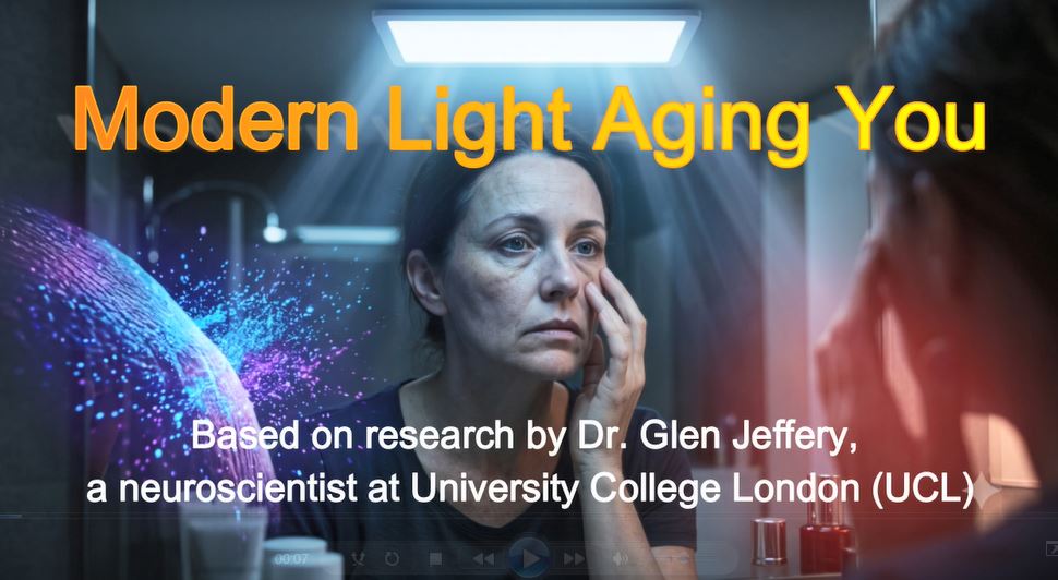 Woman looking tired under harsh indoor LED lighting, illustrating how blue light affects mitochondria and aging