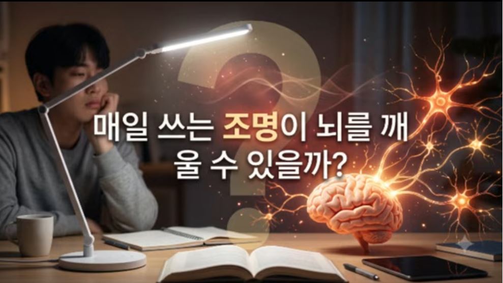 스탠드 아래에서 고민하는 학생과 뇌 속 신경망 - 매일 쓰는 조명이 뇌를 깨울 수 있을까?