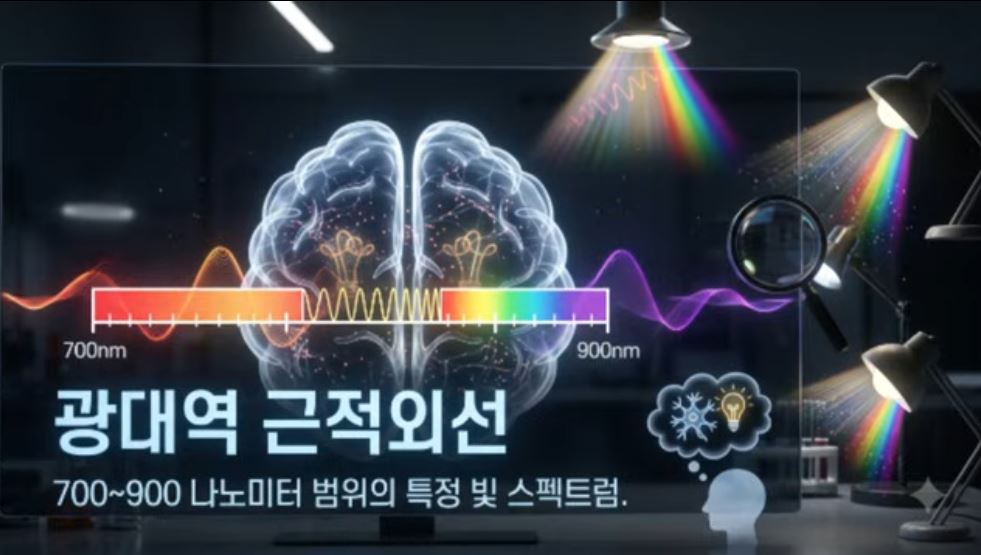 뇌와 광대역 근적외선 파장 스펙트럼을 나타낸 이미지