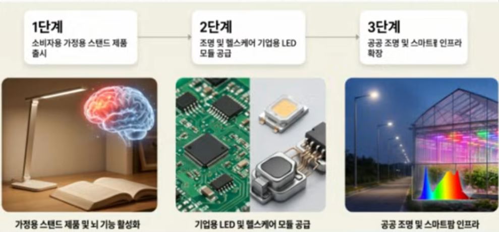 상용화 3단계 로드맵: 가정용 스탠드, 기업용 LED·헬스케어 모듈 공급, 공공조명·스마트팜 인프라 확장