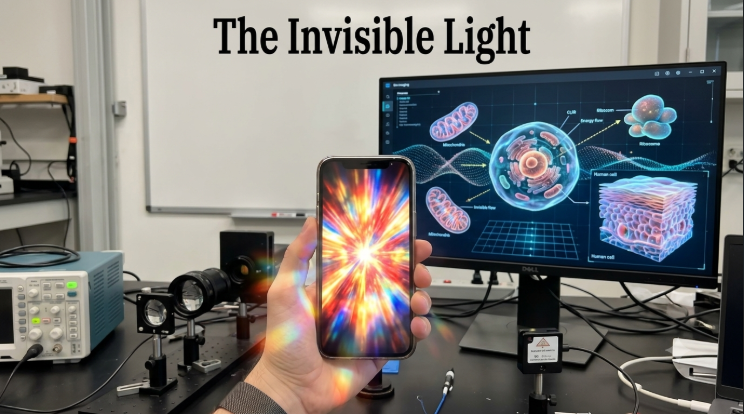The Invisible Light – 연구실에서 근적외선 필터를 장착한 스마트폰을 든 손, 뒤쪽 모니터에 세포와 미토콘드리아 도식이 보인다